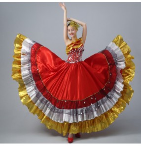 Red white gold one shoulder sequins women's ladies female big skirted flamenco  spanish folk dance bull opening dancing performance dreses outfits 540degrees